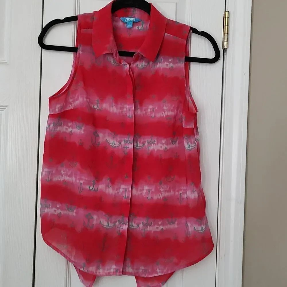 LAmour Womens Anchor Sheer Open Back Button Front EUC